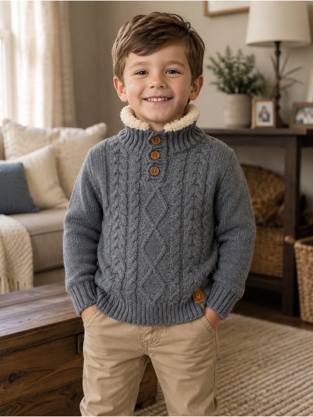 Oz Kayacan Boys' Blue Cable Knit Sherpa-Trim Sweater made in Turkey Size 5-6